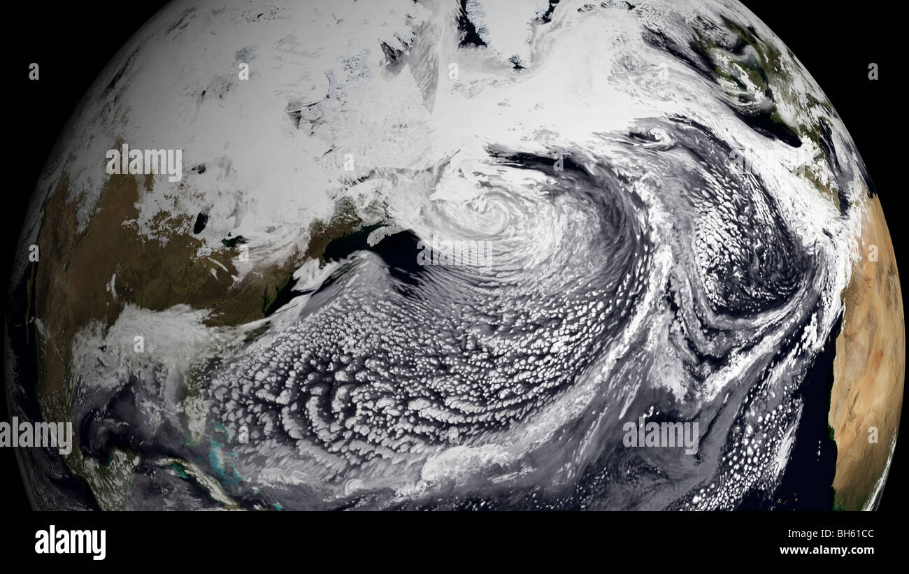 2. Januar 2009 - Cloud-Simulation eines einzigen Tages zentriert über dem Atlantik. Stockfoto