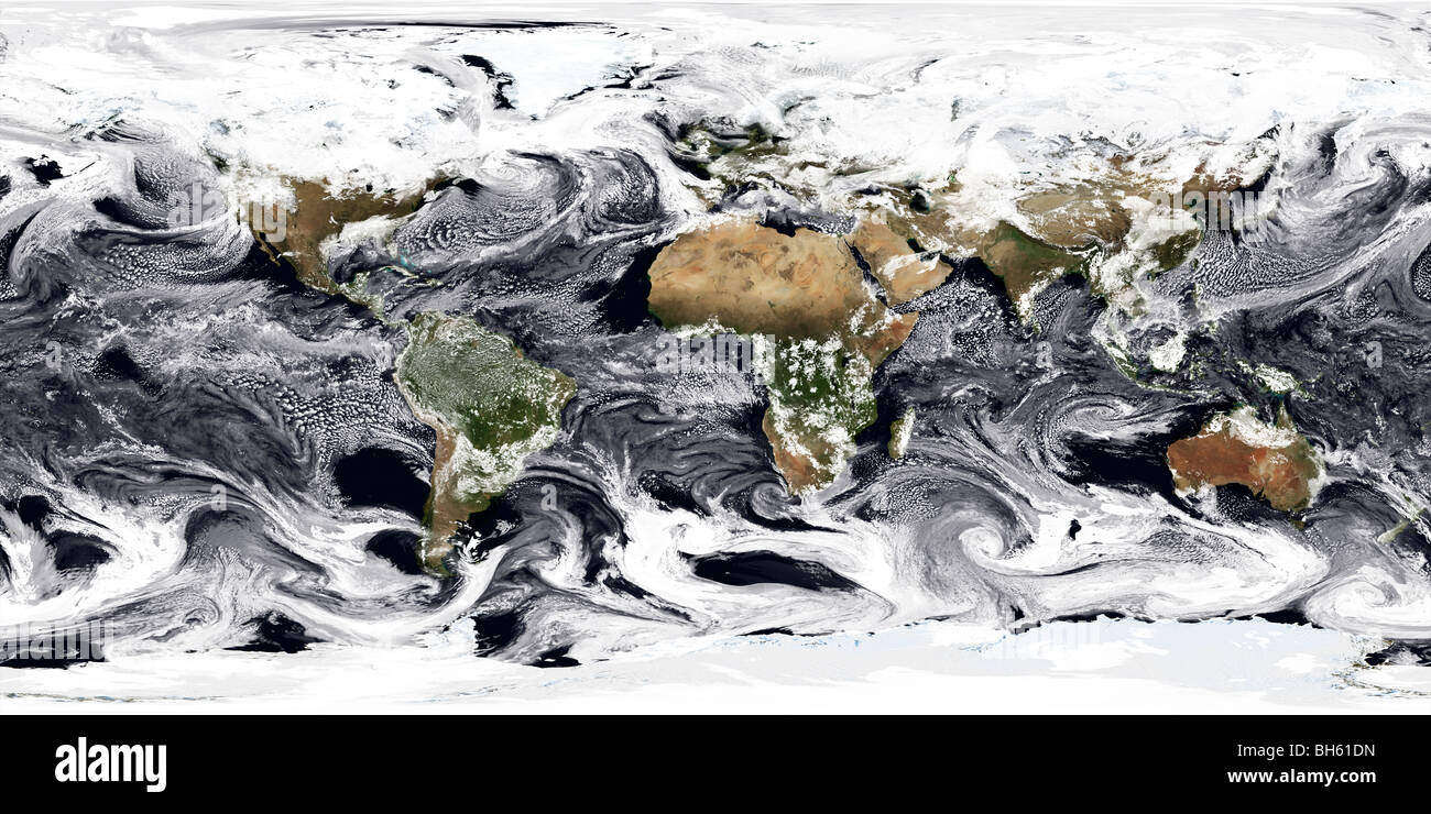 2. Januar 2009 - zylindrische äquidistante Projektion der Visualisierung, die Wolken über der Welt. Stockfoto