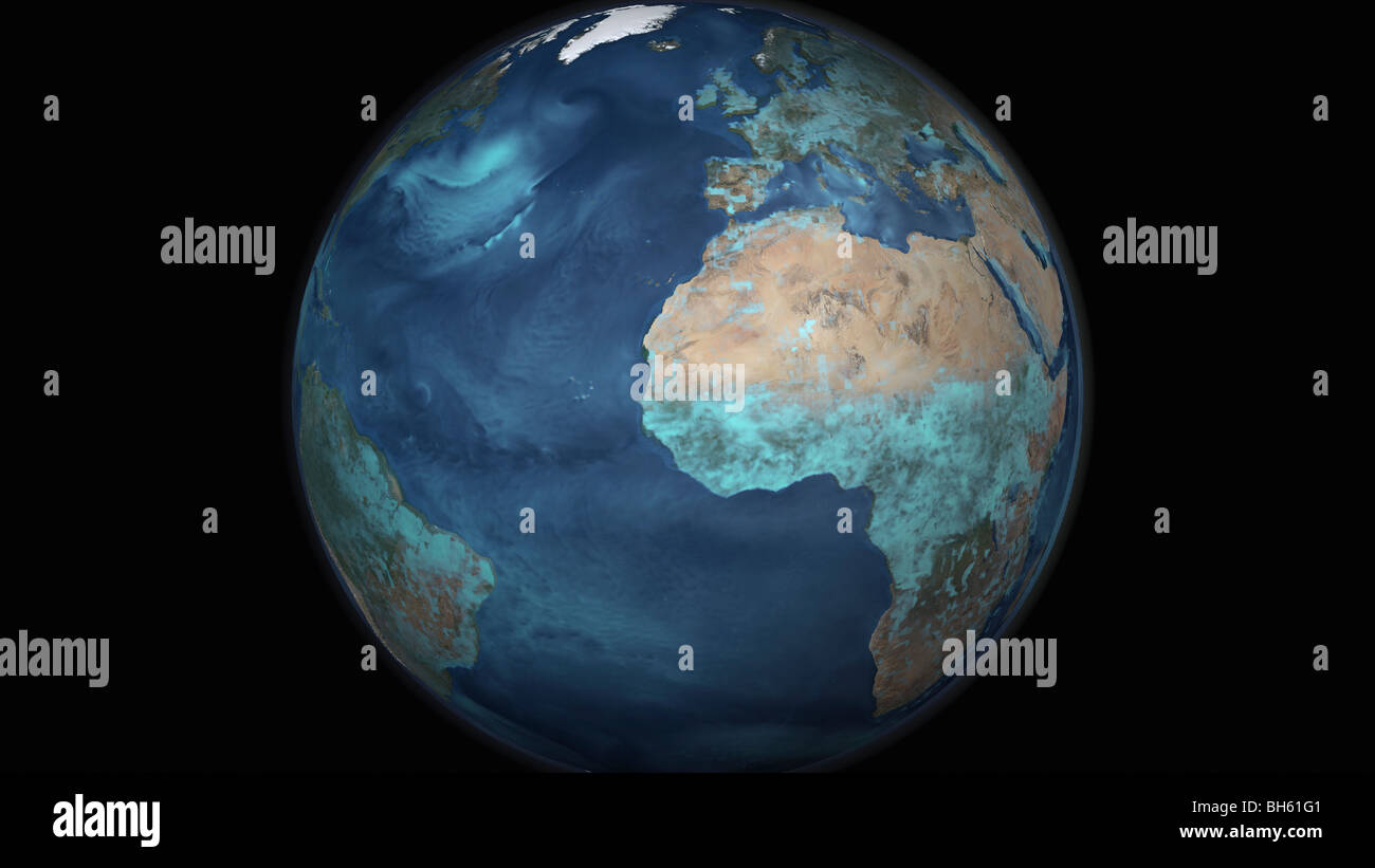 Volle Erde zeigt Verdunstung über den Atlantischen Ozean und den umliegenden Kontinenten während der Tageslichtstunden. Stockfoto