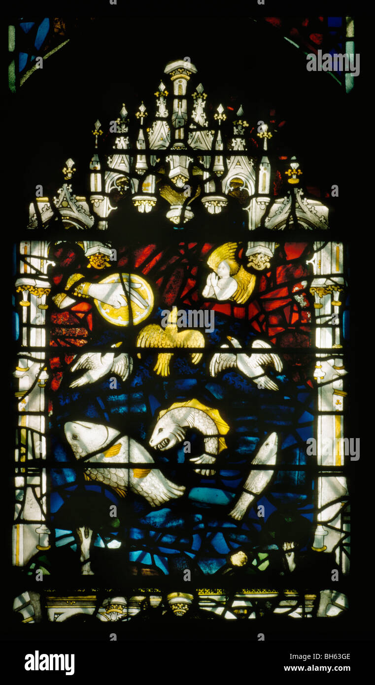 York Minster, die großen Ostfenster, 1405-8, von John Thornton, die Schaffung der Fische Stockfoto