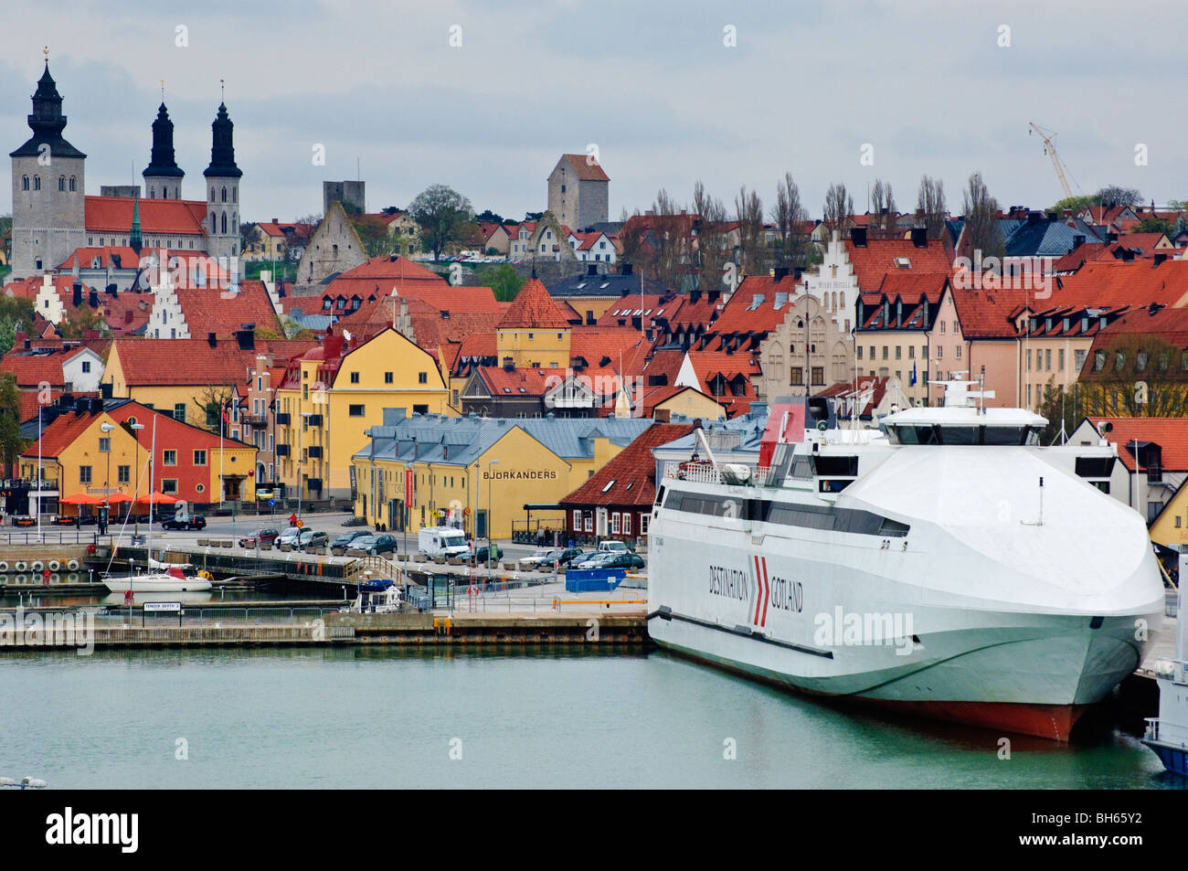 Destination Gotland Hochgeschwindigkeitsfähre HSC Gotlandia im Hafen von Visby, Gotland, Schweden Stockfoto
