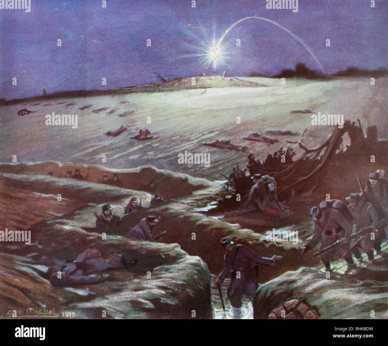 Niemandsland von einer Fackel beleuchtet. Winter-Grabenkriegsführung während des ersten Weltkrieges. Stockfoto