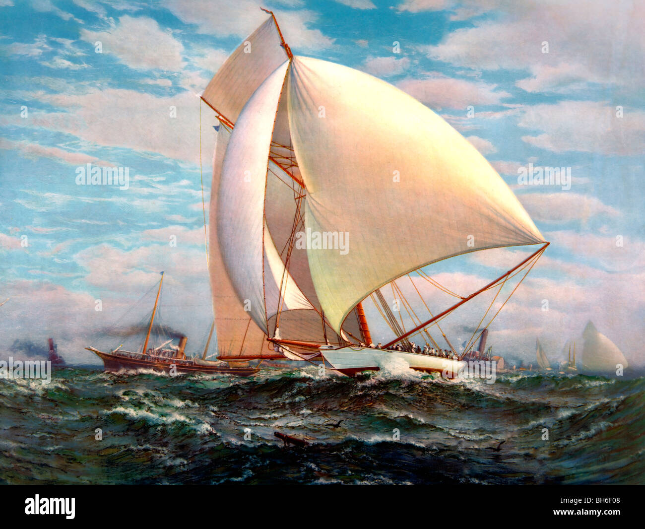 Fliegende Verteidiger - Yacht Racing - 1895 Americas Cup - Verteidiger vor Überspannungen mit vollen Segeln Stockfoto