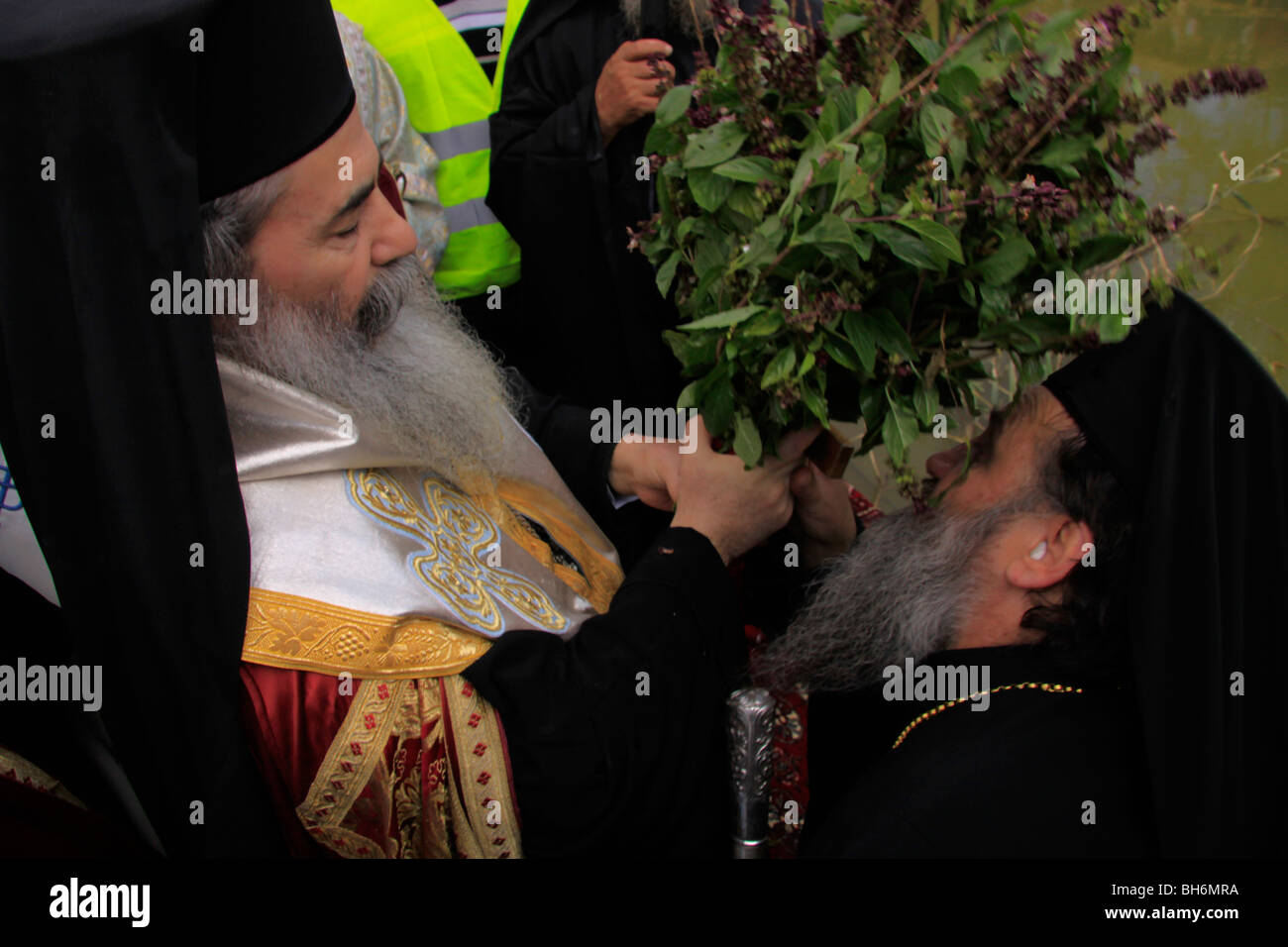 Jordan Valley, griechisch orthodoxe Patriarch Theophilus III. von Jerusalem auf Theophany am Qasr al Yahud Stockfoto