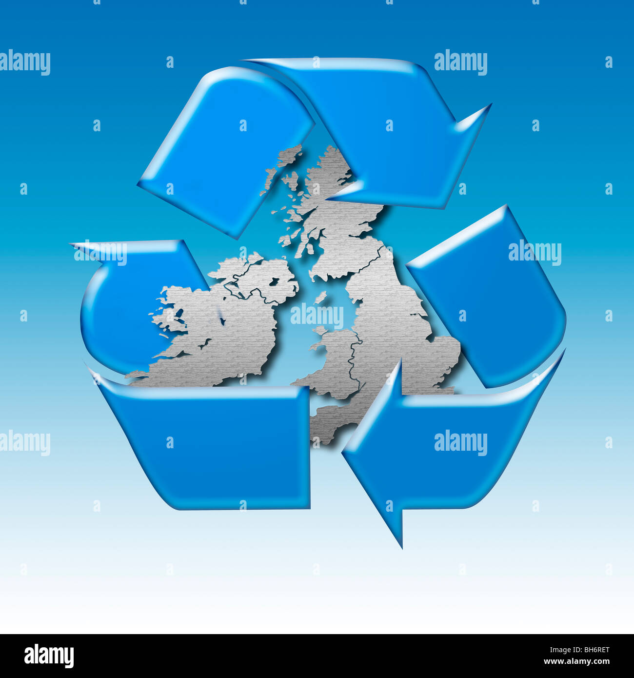 Recycling-Symbol, um eine Karte des Vereinigten Königreichs und Irlands Stockfoto