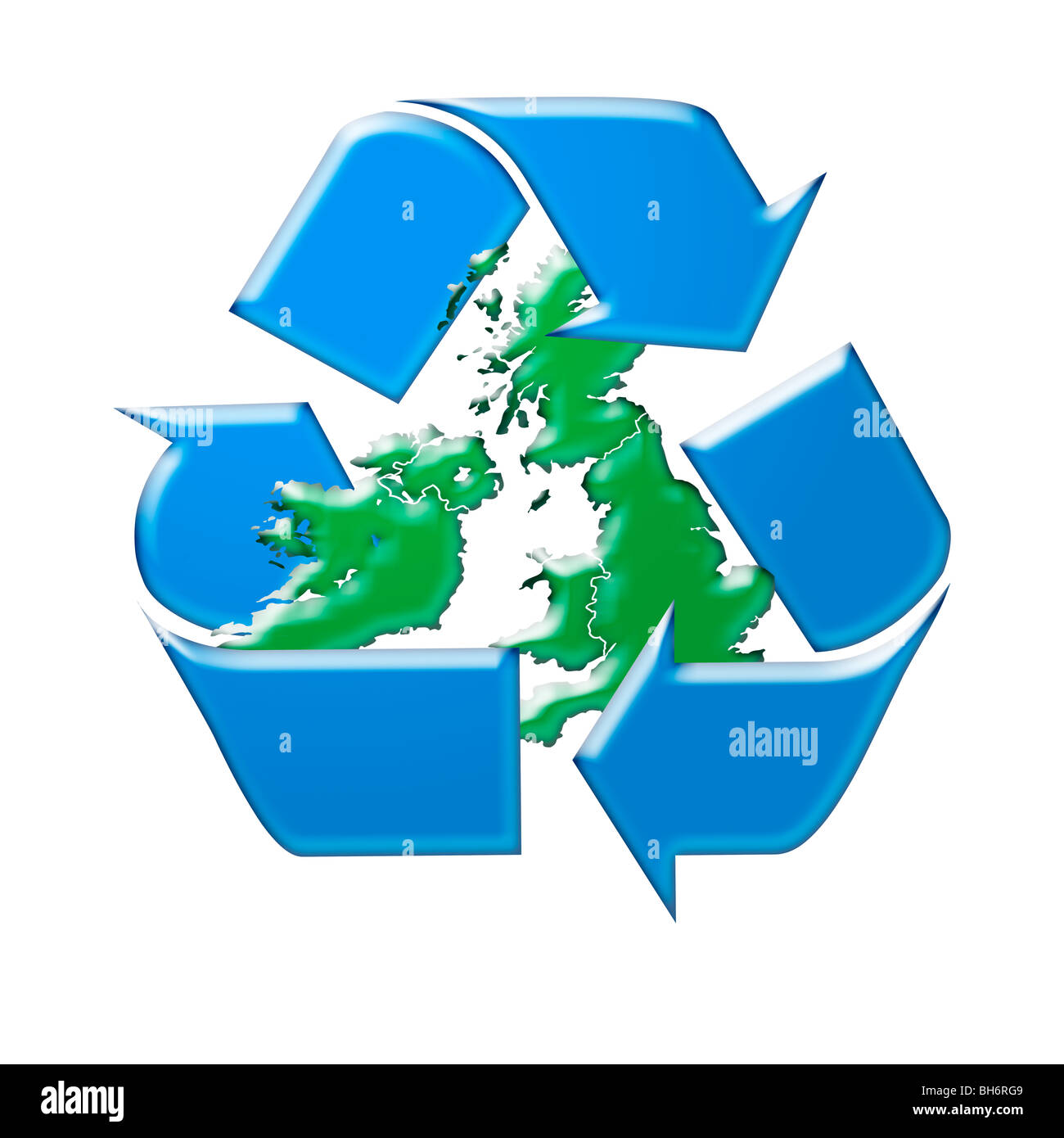 Recycling-Symbol, um eine Karte des Vereinigten Königreichs und Irlands Stockfoto