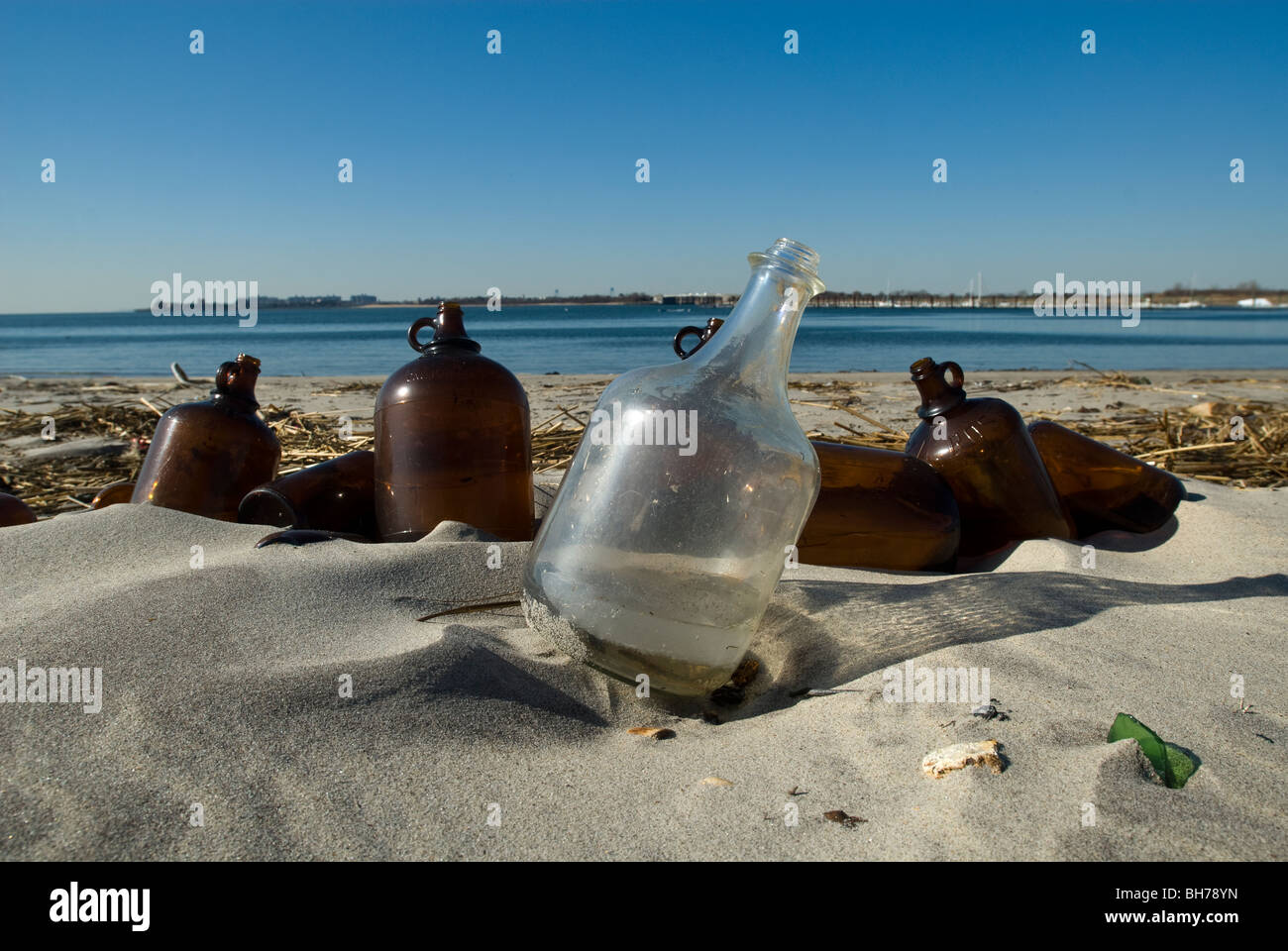 Schutt und Artefakte angespült am Strand der kargen Insel in toten Pferd Bucht in der Gateway National Recreation Area in New York Stockfoto