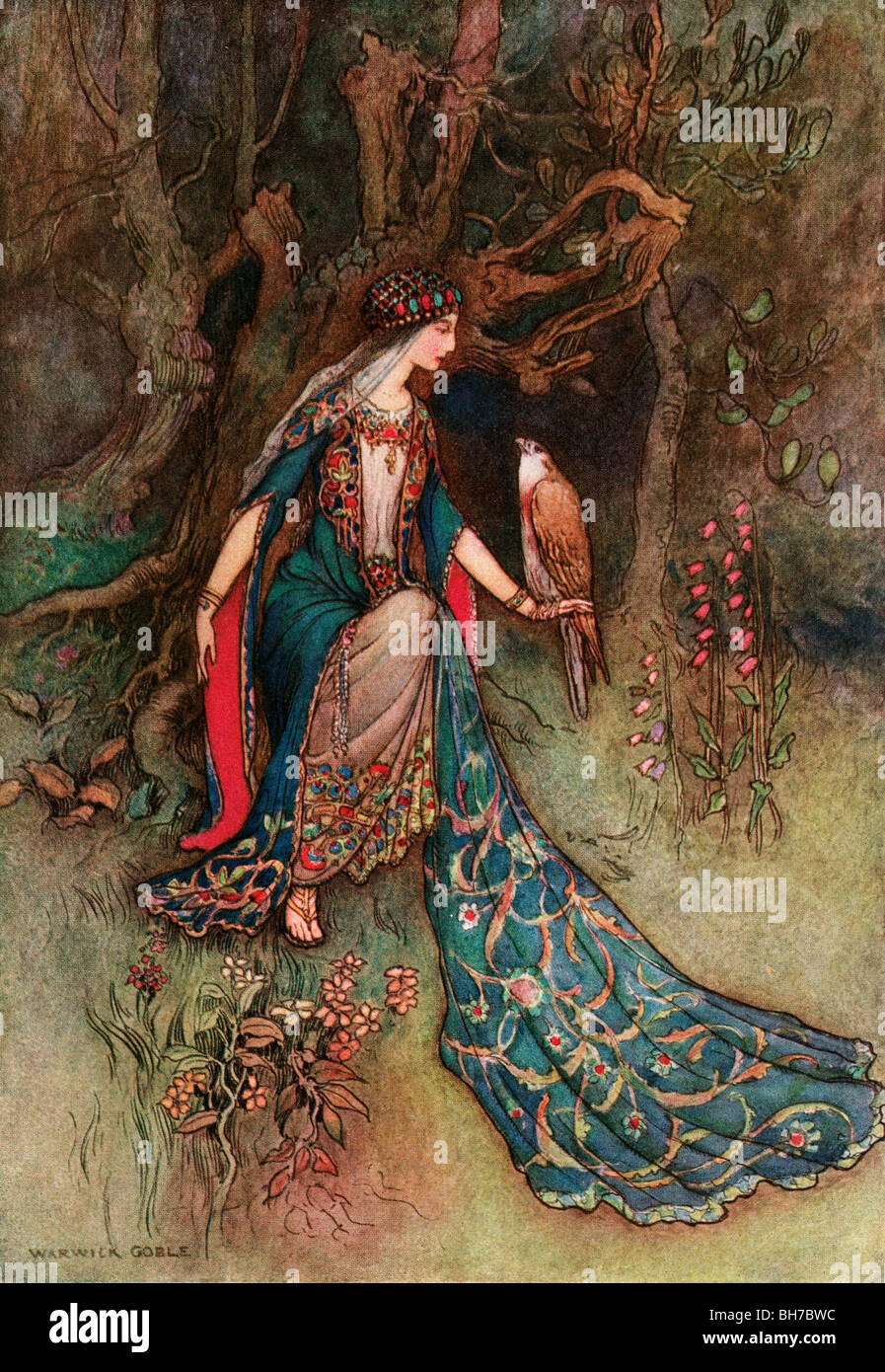 Canacee und der Falke von Warwick Goble, von der kompletten Poetical Works of Geoffrey Chaucer, 1912. Stockfoto