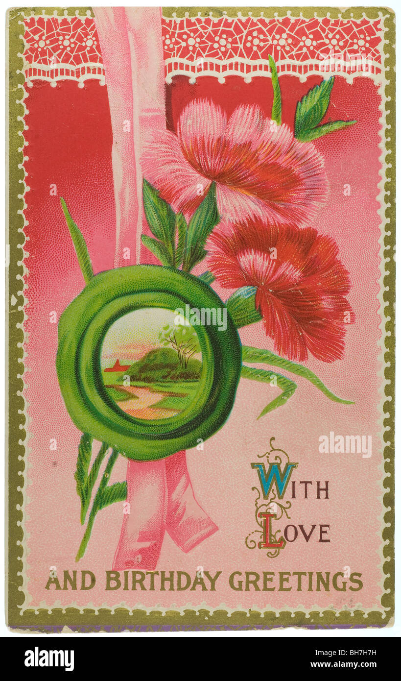 Vintage Geburtstag Grüße Postkarte mit rosa Blüten und landschaftlich reizvolle Land Stockfoto
