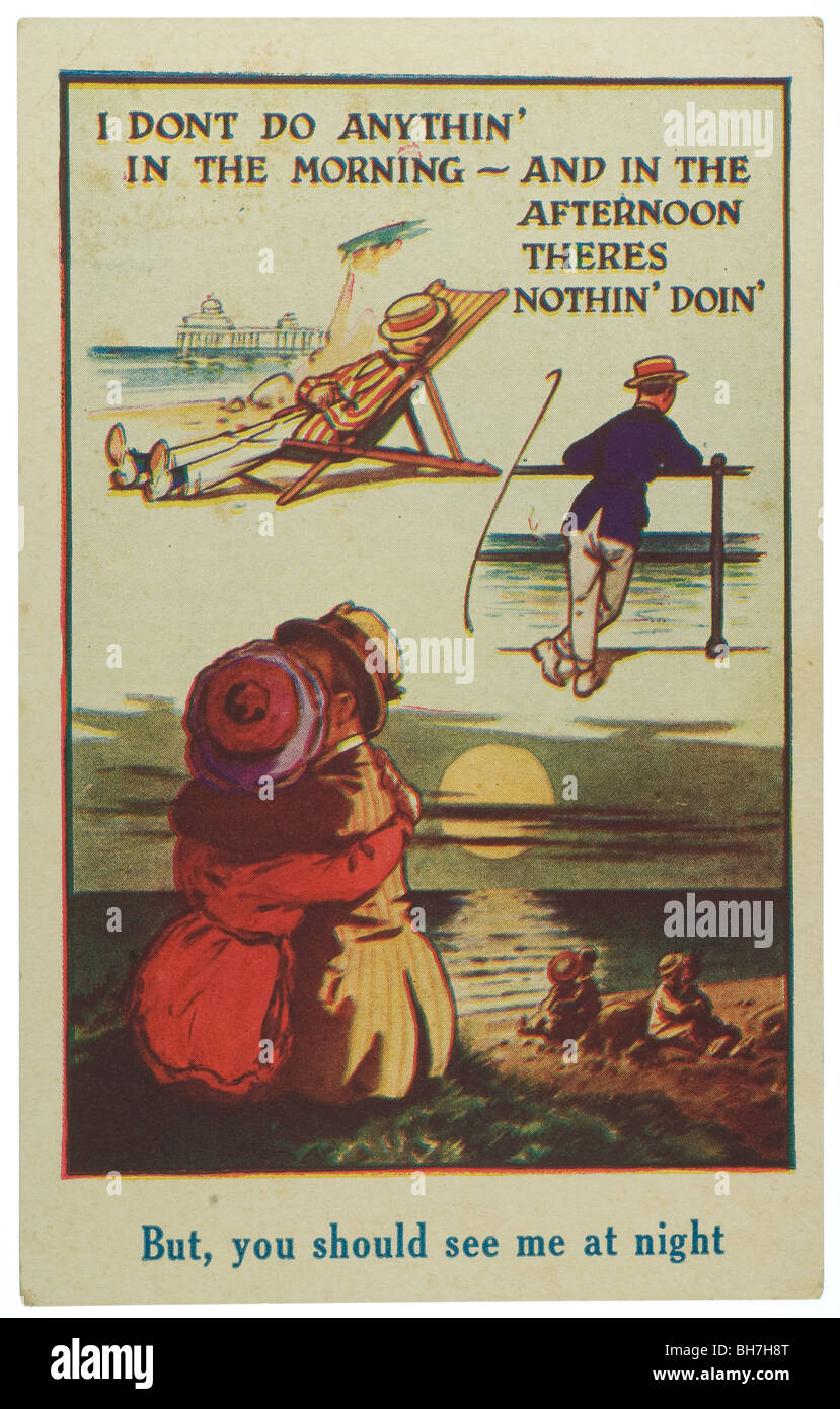 Alte Ansichtskarte comic Strandszenen mit Text aus den frühen 1900er Jahren Stockfoto