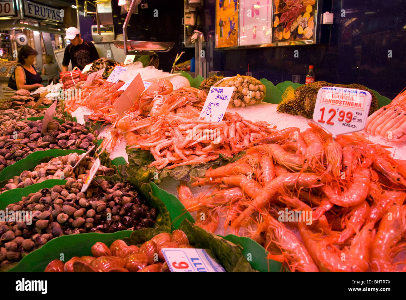 Meeresfrüchte. La Boqueria-Markt. Barcelona. Katalonien. Spanien. Stockfoto