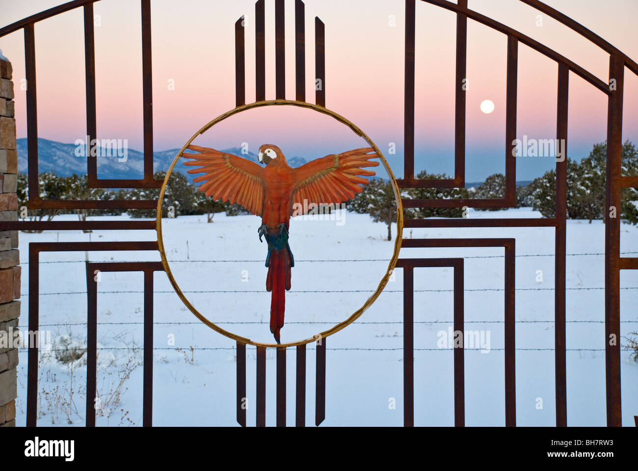 Der fliegende Papagei auf einem Eingangstor dargestellt ist das Symbol für die "Regenmacher" Entwicklung in Alto, New Mexico. Stockfoto