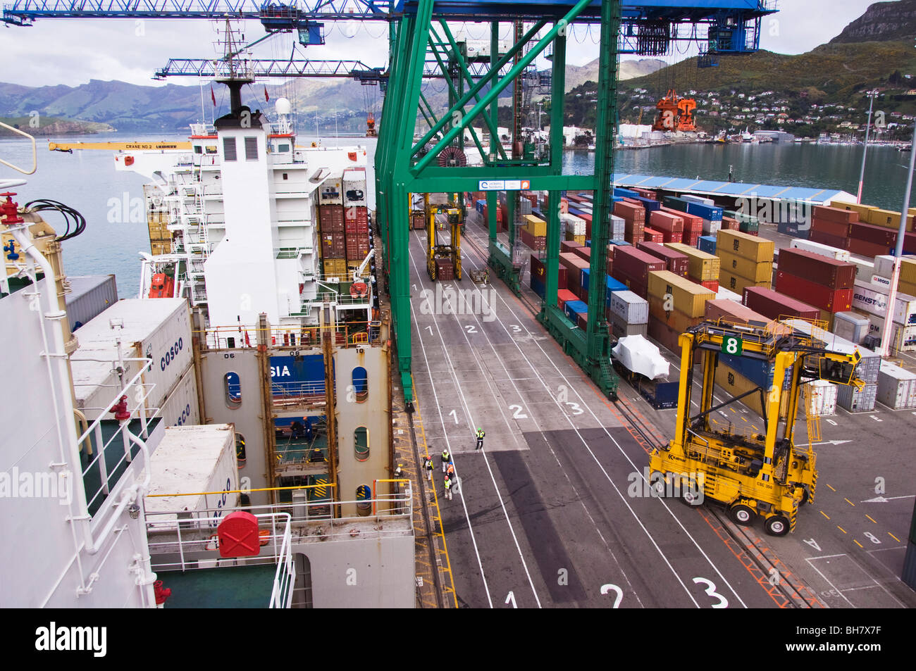 Be- und Entladen eines Schiffes auf einem Containerterminal, Lyttelton, Neuseeland Stockfoto