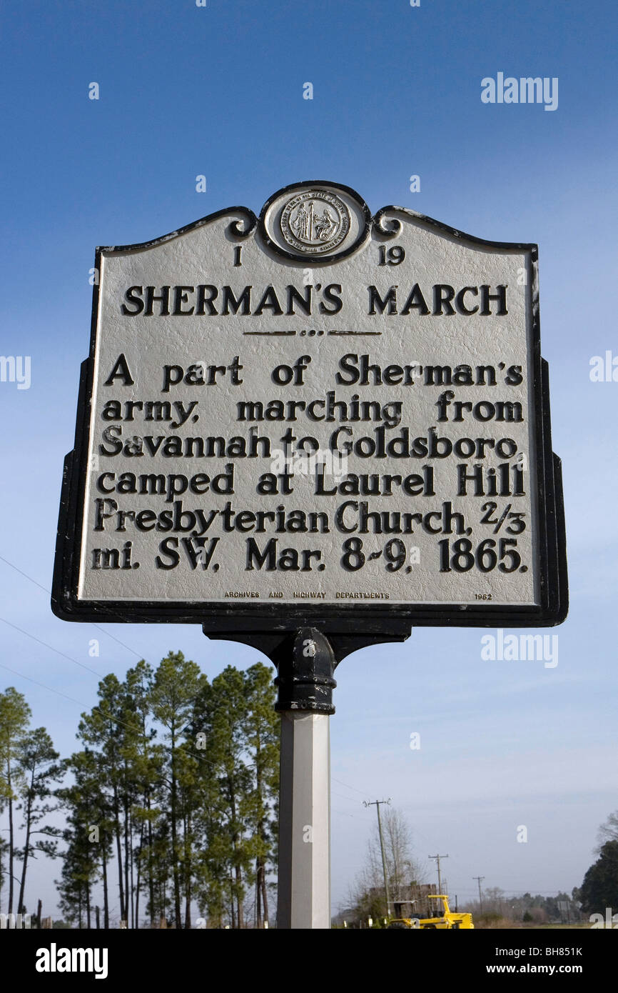 Shermans März North Carolina historische Markierung, NC-Geschichte Stockfoto