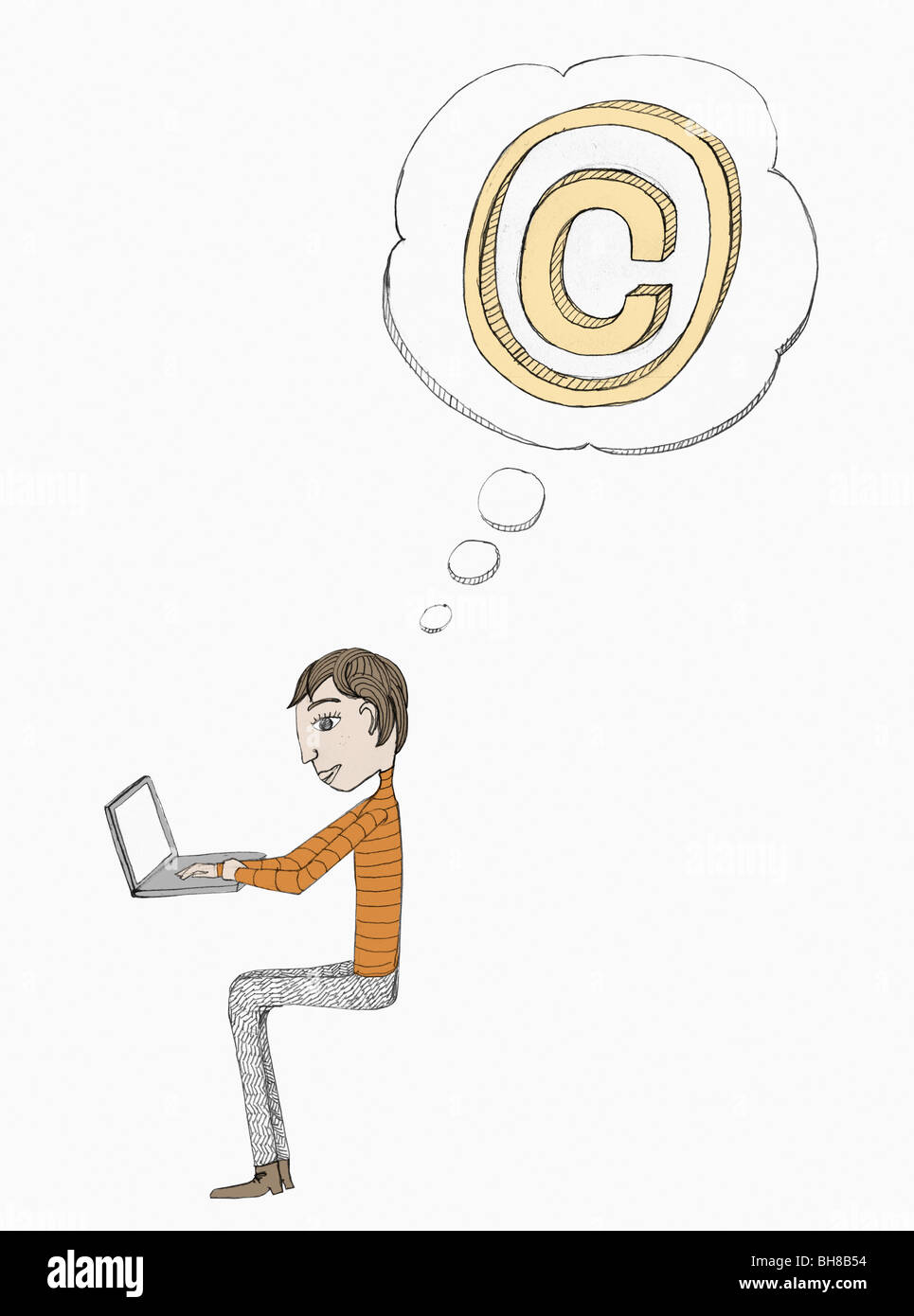 Dachte Blase mit einem copyright-Symbol über einen Mann, der auf einem Laptop arbeitet Stockfoto
