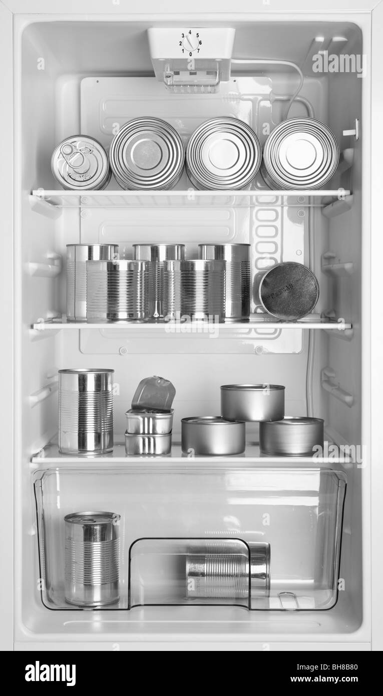 Verschiedene Dosen von Lebensmitteln im Kühlschrank Stockfoto