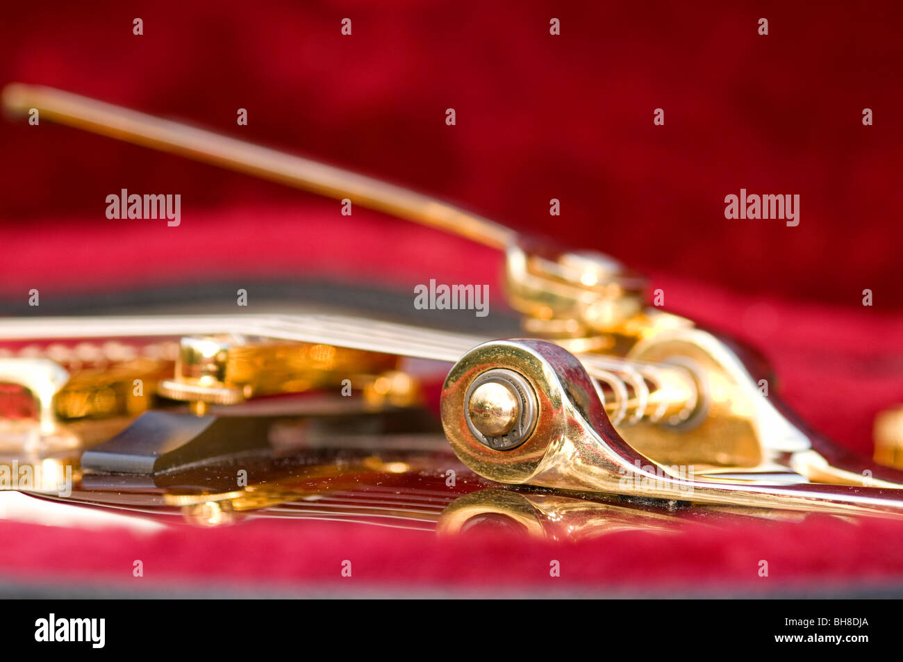 Detail einer e-Gitarre (Gretsch) hautnah.  Zeigt auch die Befestigung der Tremolo-Arm. Begrenzte Tiefenschärfe. Stockfoto