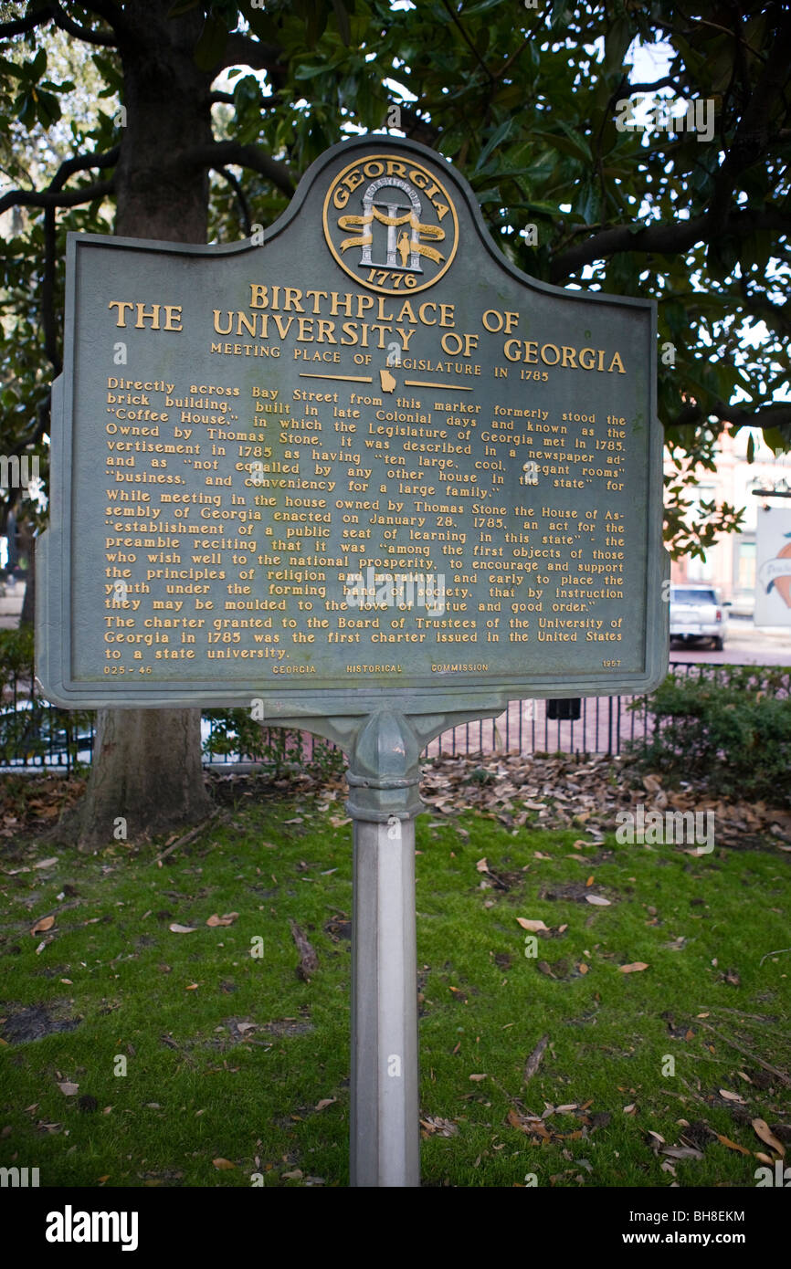 Geburtsort von der University Of Georgia Georgia historischen Marker, GA Geschichte Wahrzeichen Savannah Chatham County USA Stockfoto