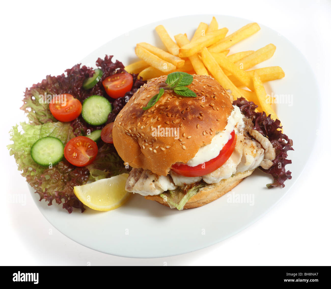 Eine Burger-Brötchen gefüllt mit einem Filet vom gebratenen Hamour Fisch mit Salat und Pommes Frites (oder Pommes frites) Stockfoto