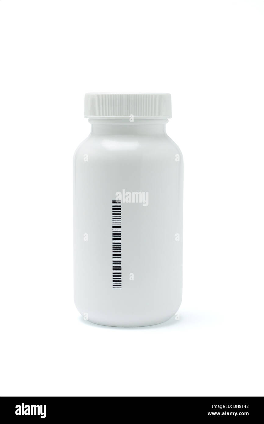 Kunststoff-Medizin-Flaschen mit Barcode auf der Seite gedruckt (Barcode wird nach dem Zufallsprinzip erstellt) Stockfoto