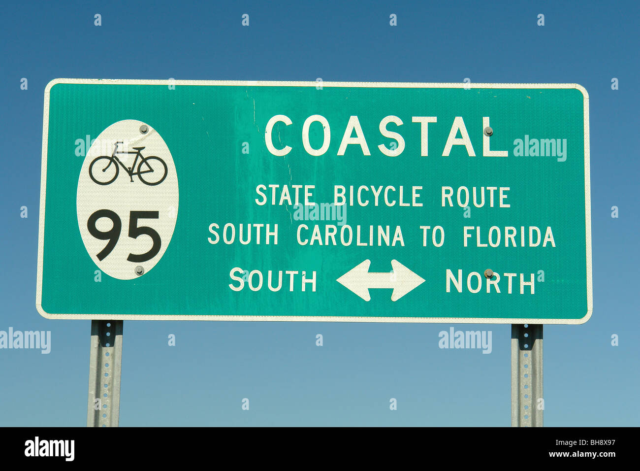 AJD64684, Golden Isles, GA, Georgia, Küsten-Radweg, geschrieben Zeichen, South Carolina, Florida Stockfoto