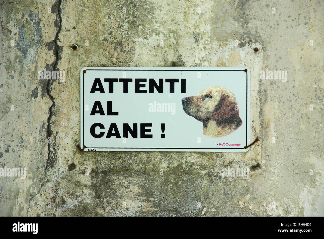 "Attenti Al Cane!" Schild an Wand, in der Nähe von Sorrent, Kampanien, Italien Stockfoto