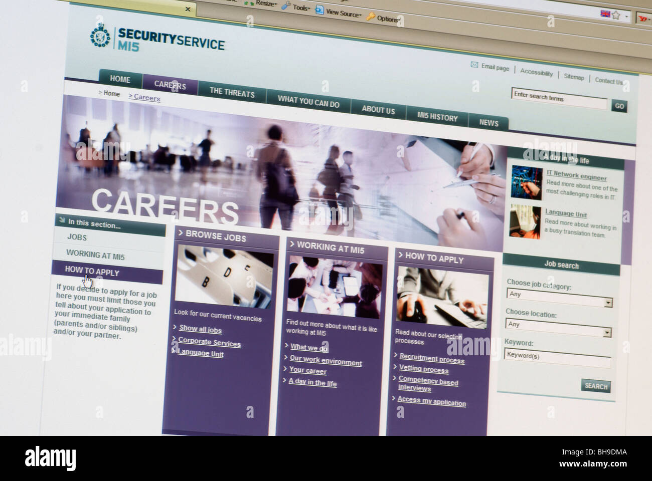 Makro-Screenshot des MI5 Website Karriere-Seite Stockfoto