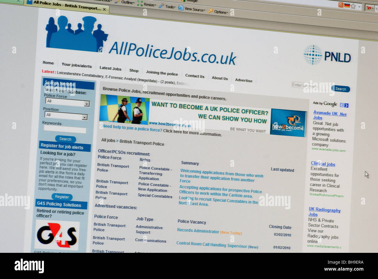 Makro-Screenshot der Polizei Jobs Web Siteseite Stockfoto