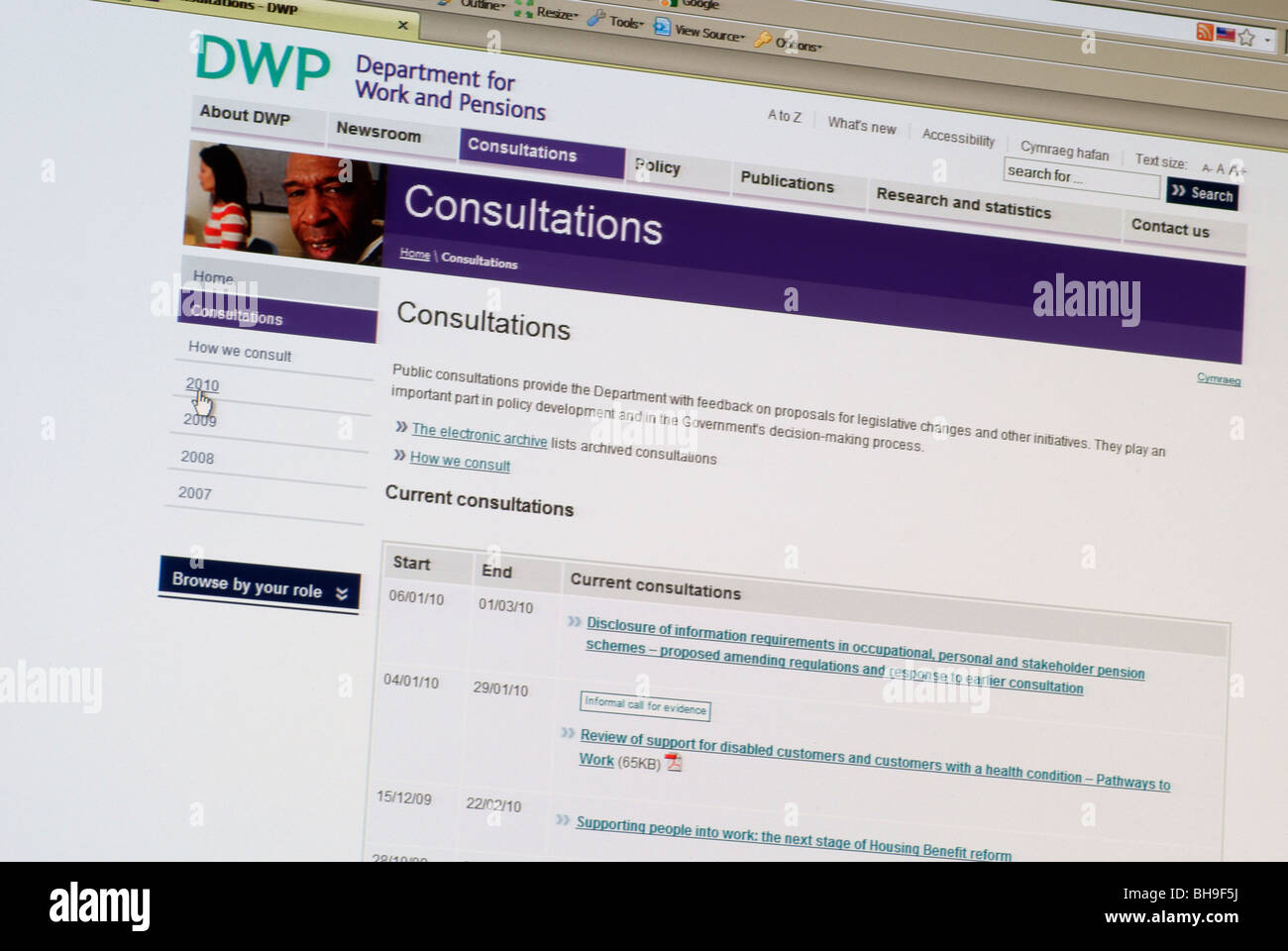 Makro-Screenshot des Ministeriums für Arbeit und Renten-Konsultationen Website Stockfoto