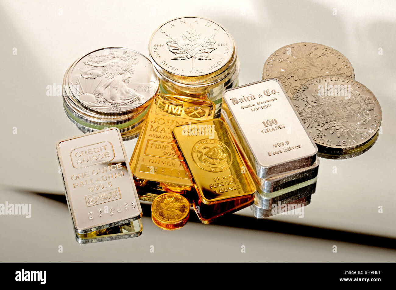 Gold, Silber und Palladium Barren in Münzen und Barren Stockfoto