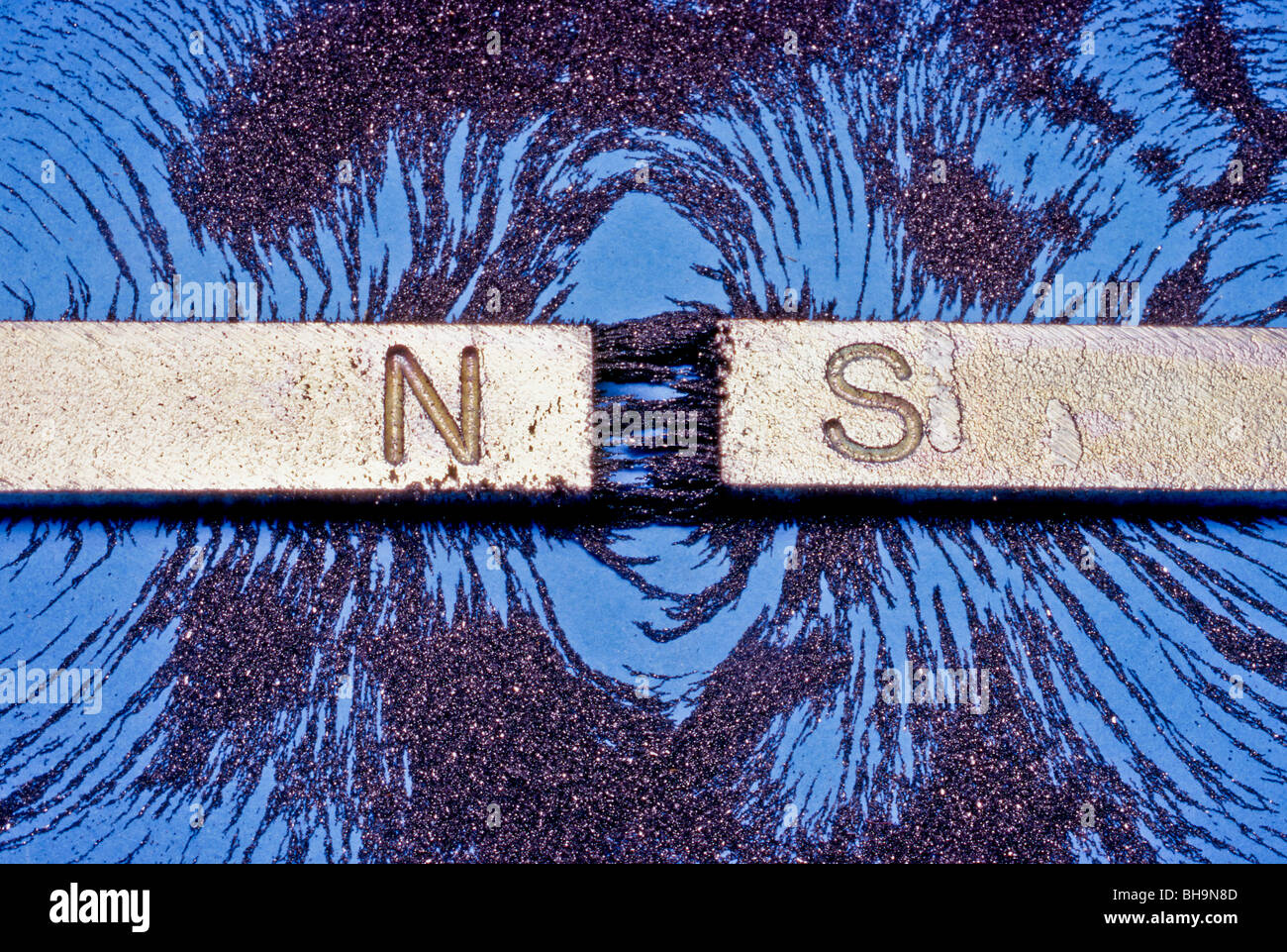 Eisenspäne zeigen Attraktion Felder gegenüber Polen von zwei bar-Magneten. Beachten Sie, dass gegenüber Polen gegenseitig anziehen. Stockfoto