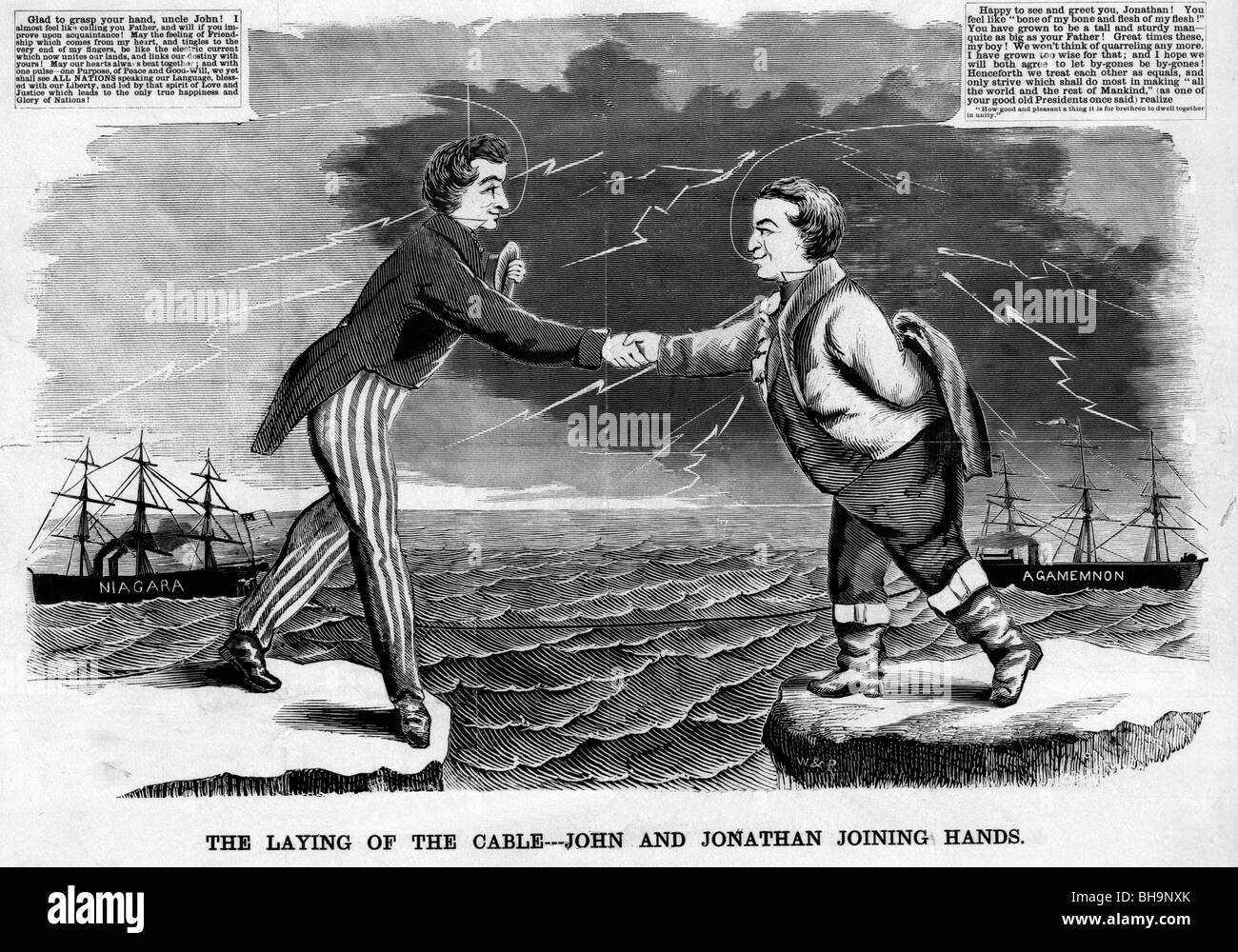 Die Verlegung des Kabels---John und Jonathan verbinden Hände - Cartoon zum Gedenken an das transatlantische Kabel - 17. August 1858. Stockfoto