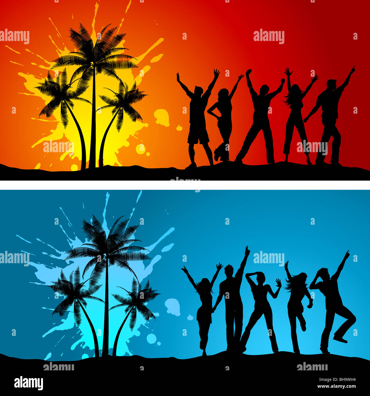 Silhouetten von Menschen tanzen auf Grunge palm Tree Hintergründe Stockfoto