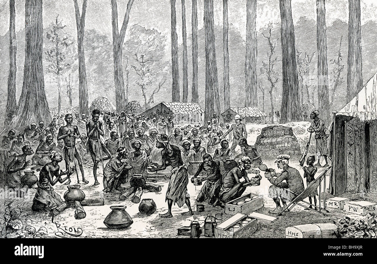 Henry Stanley austeilt, Milch und Butter für Brühe an was er während seiner Expedition 1888 in dem Buch "Hunger-Camp" bezeichnete. Stockfoto