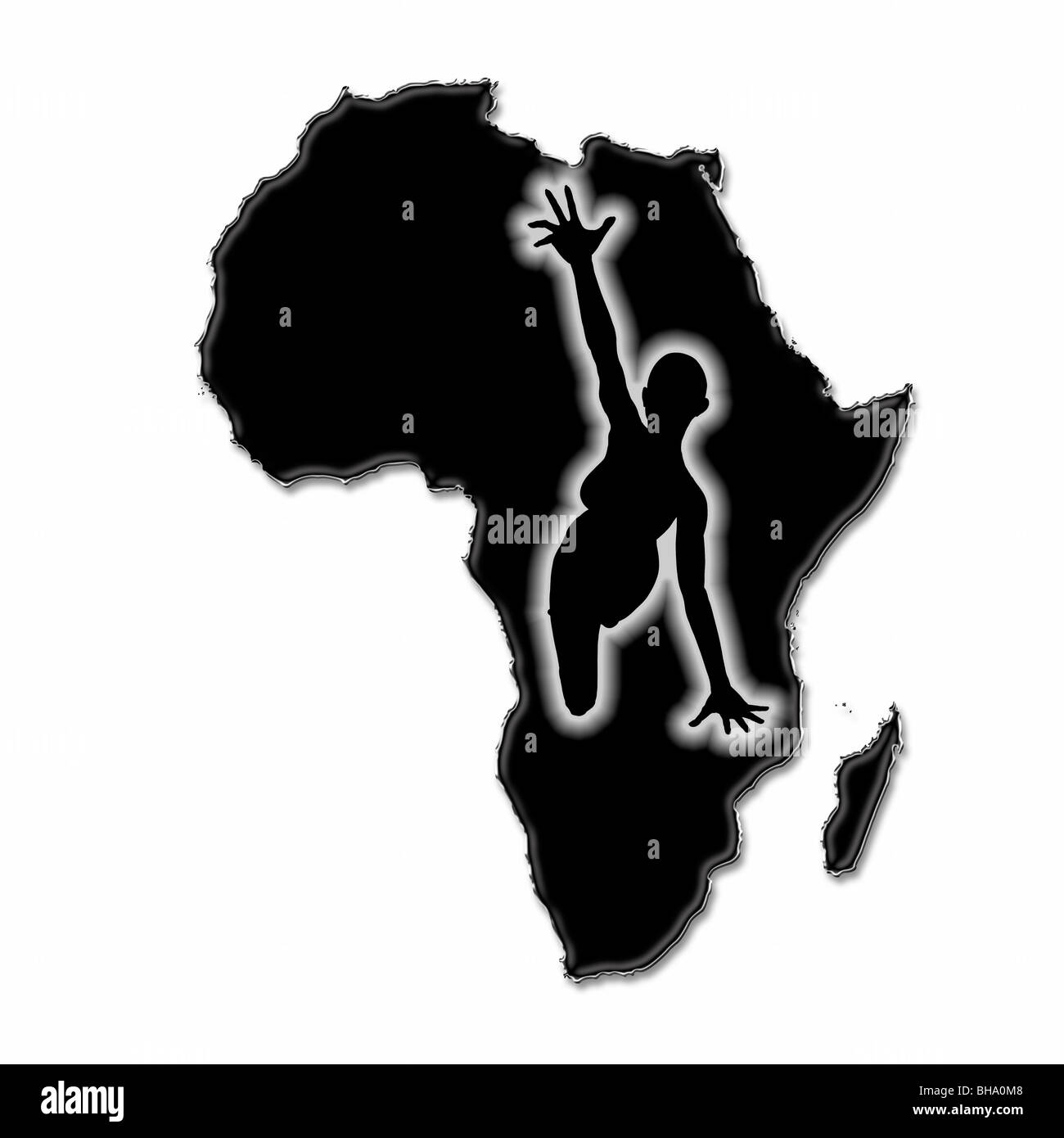 Abbildung einer Frau erreichen, um Hilfe auf einer Karte von Afrika. Konzeptbild von Hunger, Hunger und Verzweiflung in Afrika Stockfoto