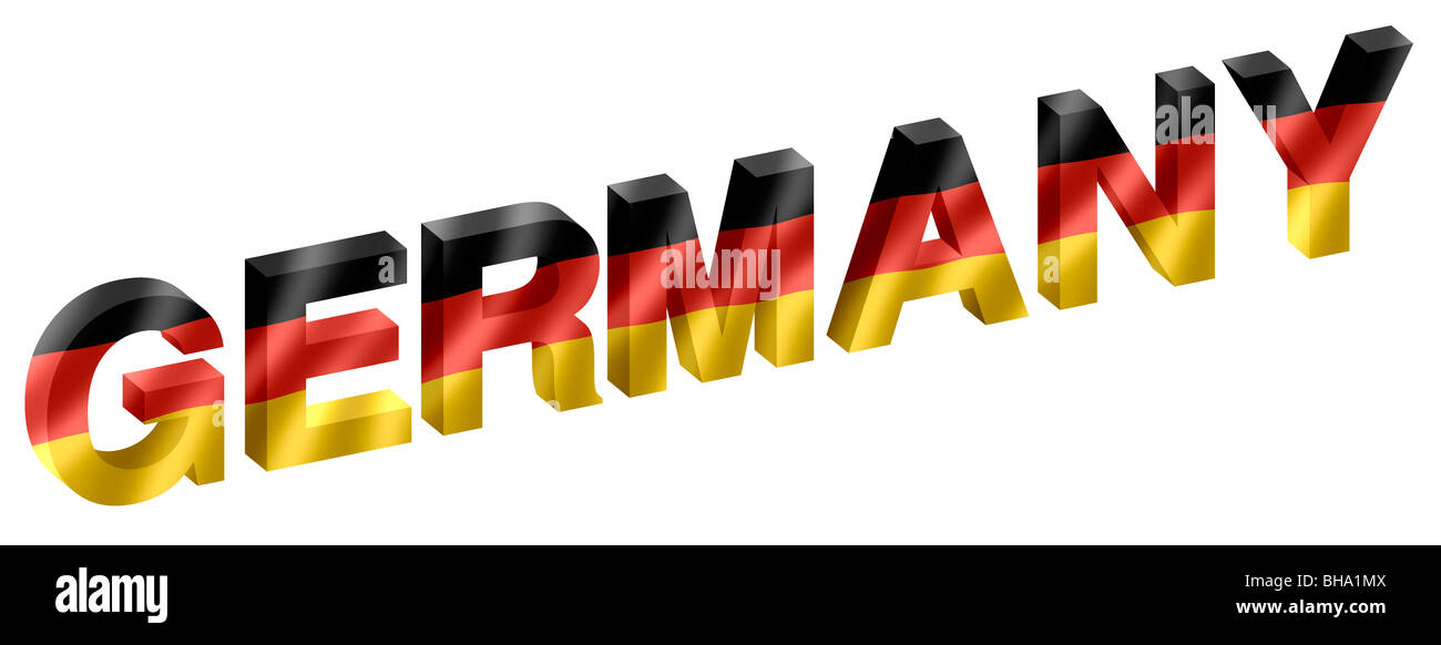 Deutschland-Schriftzug in 3D mit Flagge Einschub in Facetten Stockfoto