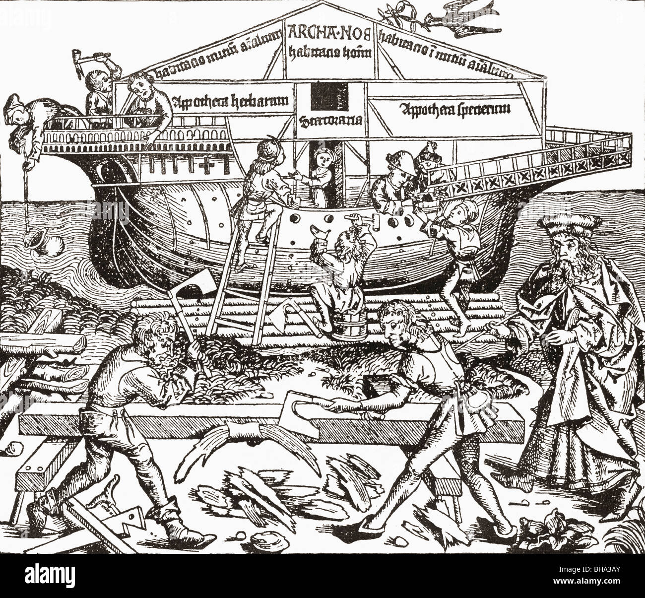 Bau der Arche von Noah beaufsichtigte. Faksimile der Holzschnitt von Schedel, Liber Chronicarum, 1493. Stockfoto