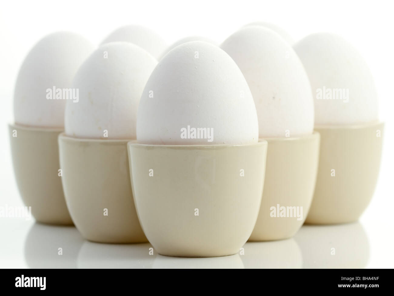 Weiße Hühnereier in Eierbecher Stockfoto