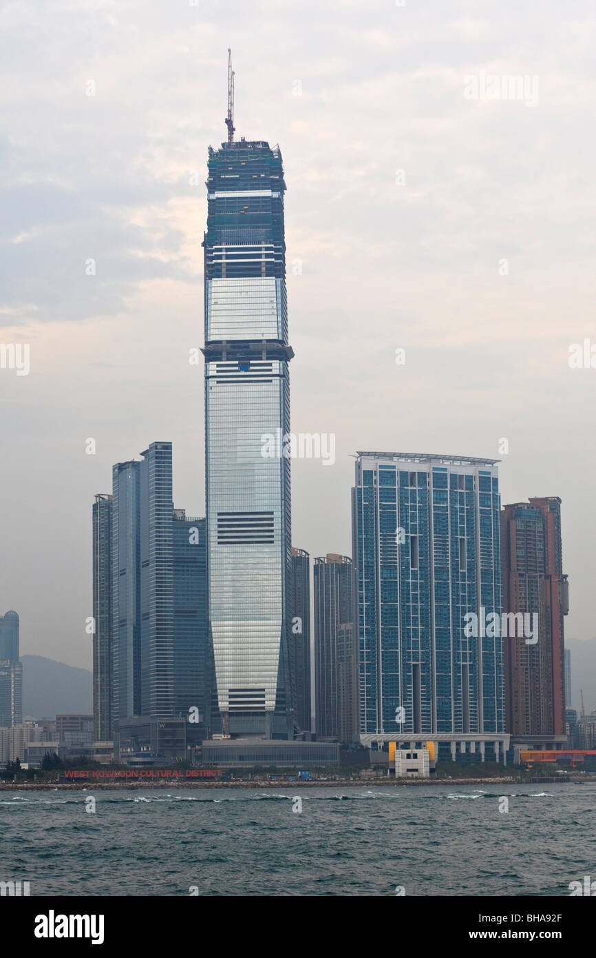 Das International Commerce Centre (ICC) im Bau in West Kowloon, Hong Kong. Stockfoto