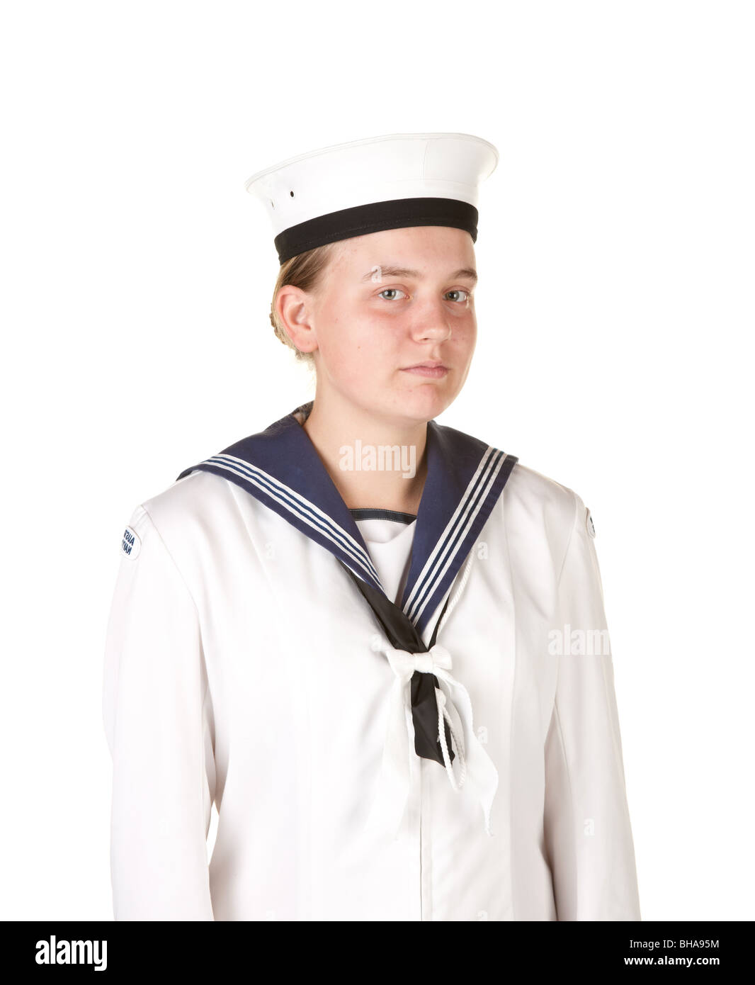 junge weibliche Seemann, isoliert auf weiss Stockfoto