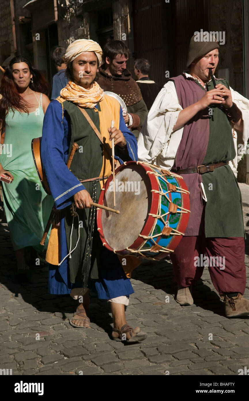 Musiker, Mittelalterfest, Cordes-Sur-Ciel, Tarn, Frankreich Stockfoto