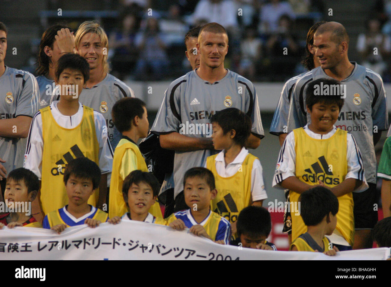 Jose Maria Gutierrez, David Beckham, Zinedine Zidane bei Real Madrid Trainingseinheit, Tokio, Japan. Stockfoto