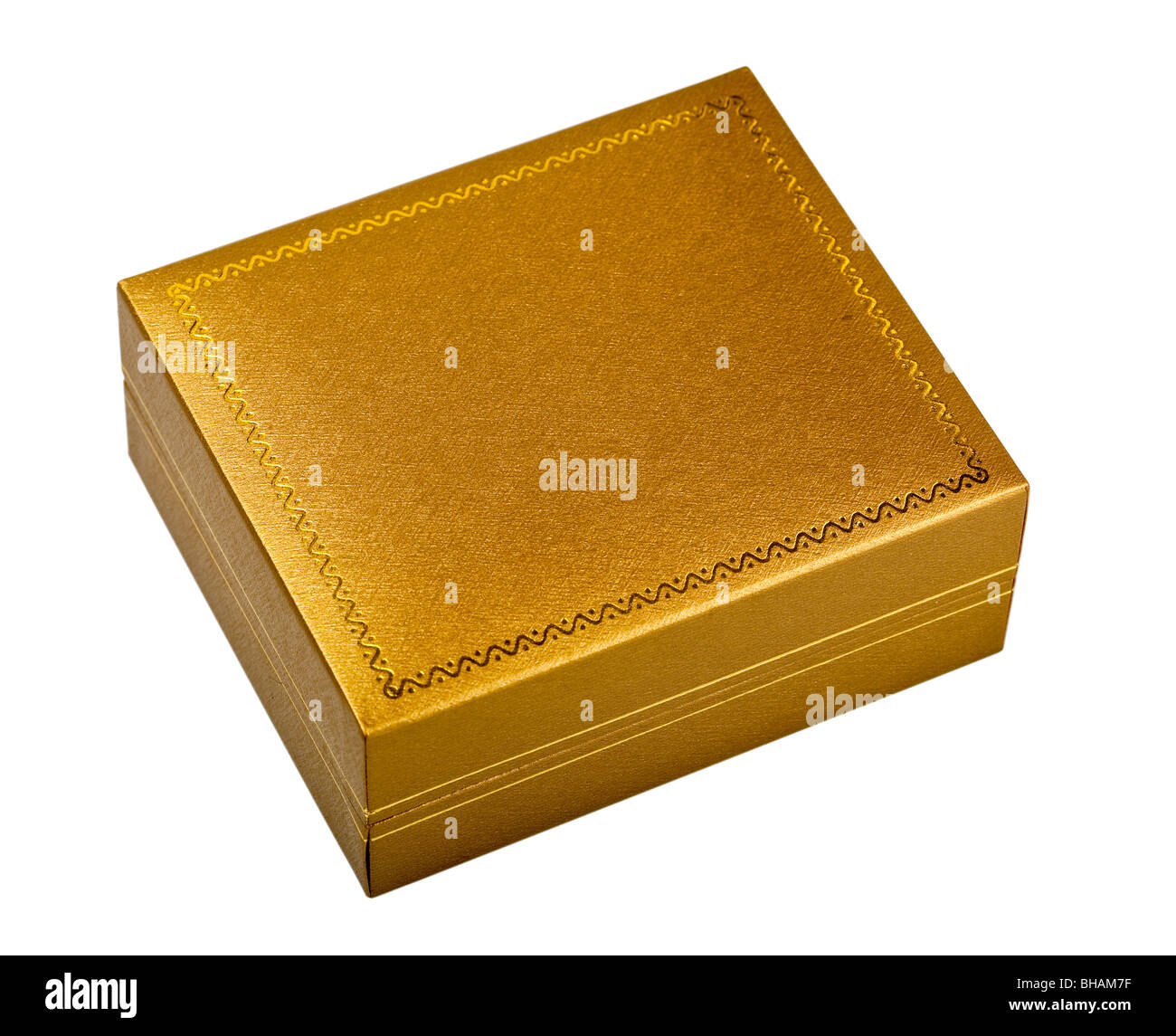 Geschenk-Box von goldener Farbe - der Ansicht von oben. Stockfoto