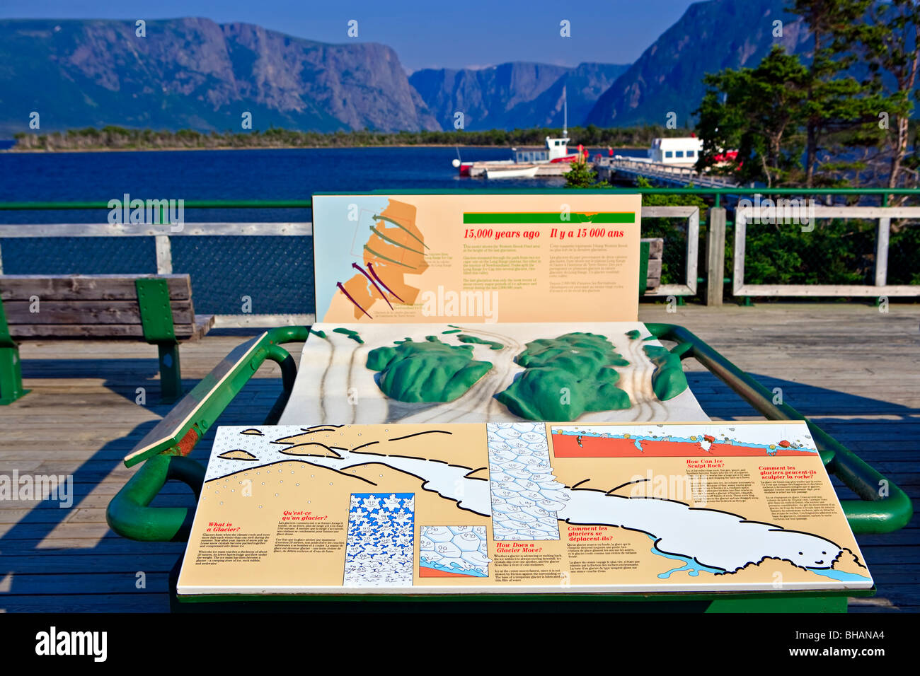 Zeichen auf dem Boot dock für Touren auf Western Brook Pond, Gros Morne National Park, UNESCO-Weltkulturerbe, Viking Trail, Tra Stockfoto