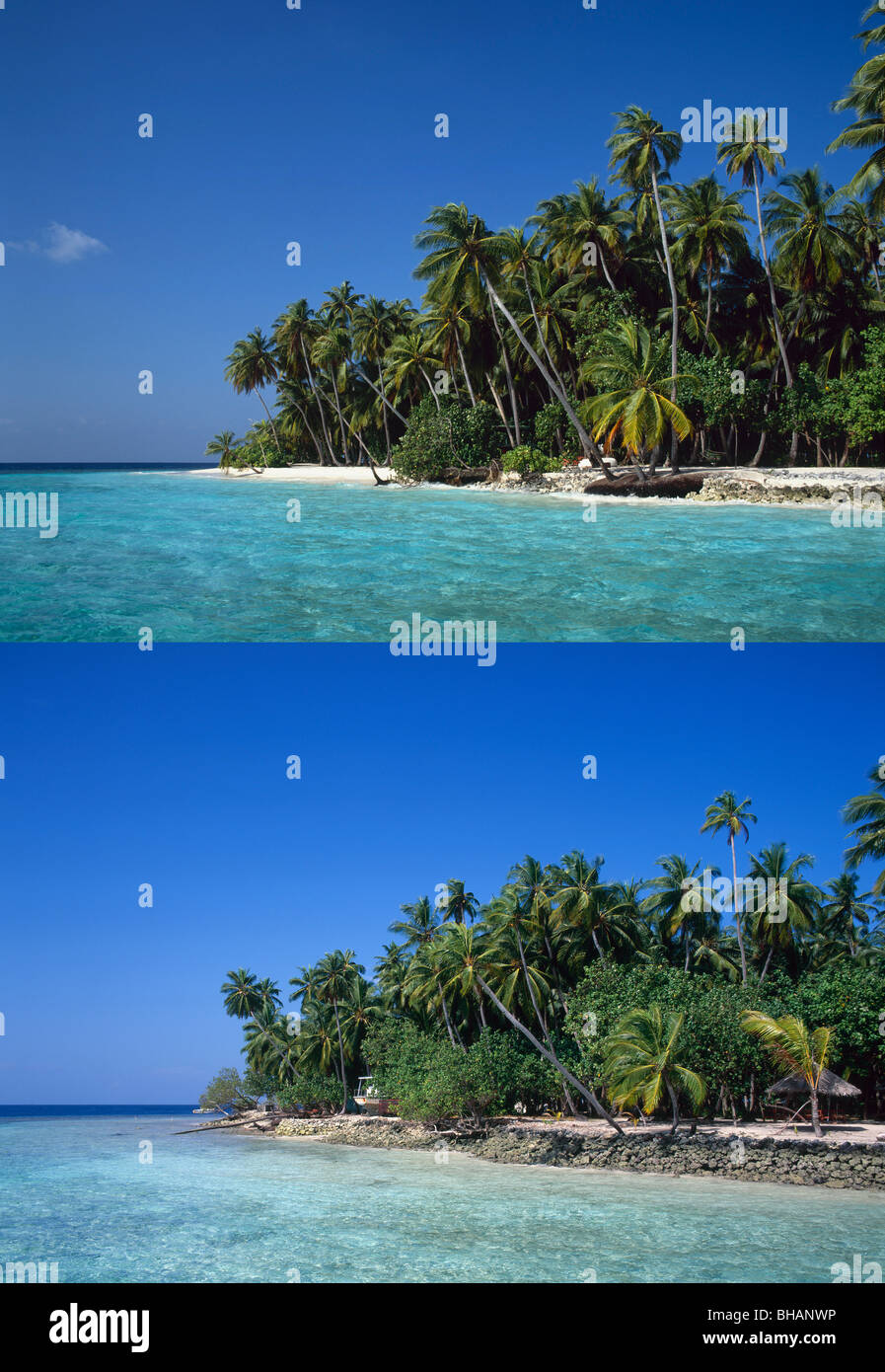 Strand-Erosion, obere Bild im Jahr 1990, dieselbe Ansicht in der unteren Abbildung im Jahr 1995. "globale Erwärmung" im Indischen Ozean, Malediven Stockfoto