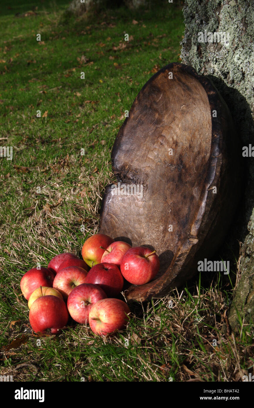 rote Äpfel Hand geschnitzt und verbrannten Obstschale machte in Simbabwe Stockfoto