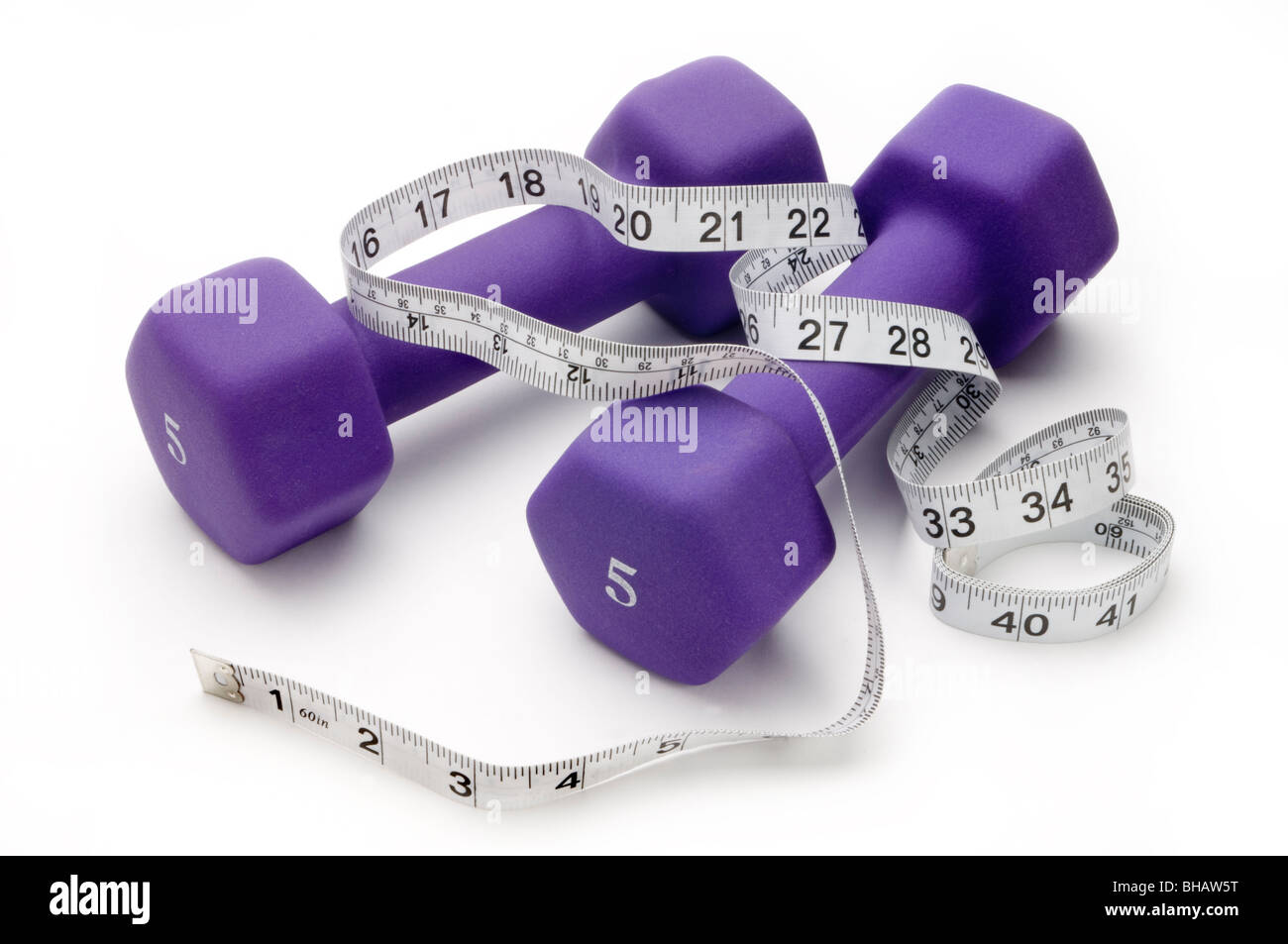 Hanteln und Maßband Stockfoto