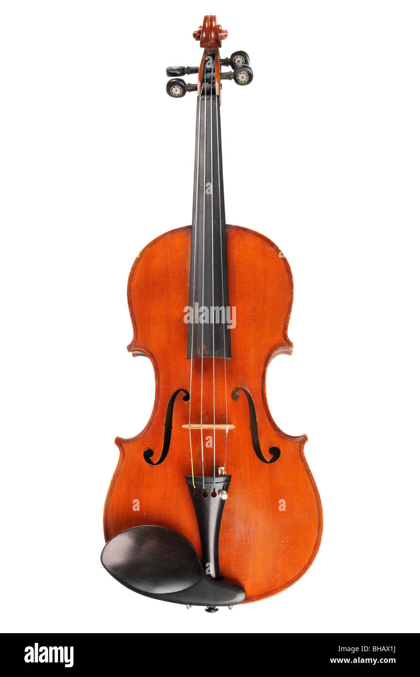 Vintage Violine in Frontalansicht isoliert auf weißem Hintergrund Stockfoto