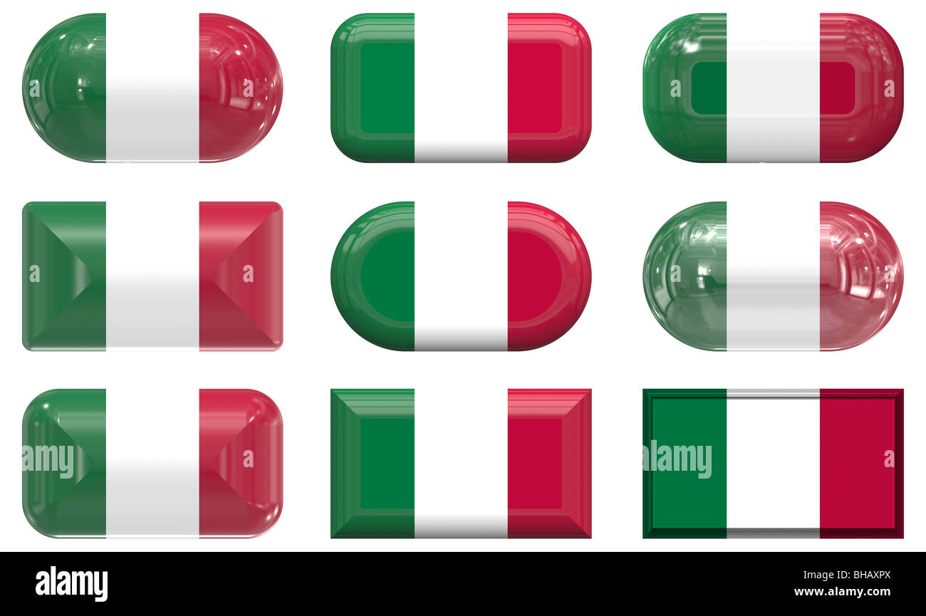 neun Glas Knöpfe der italienischen Flagge Stockfoto