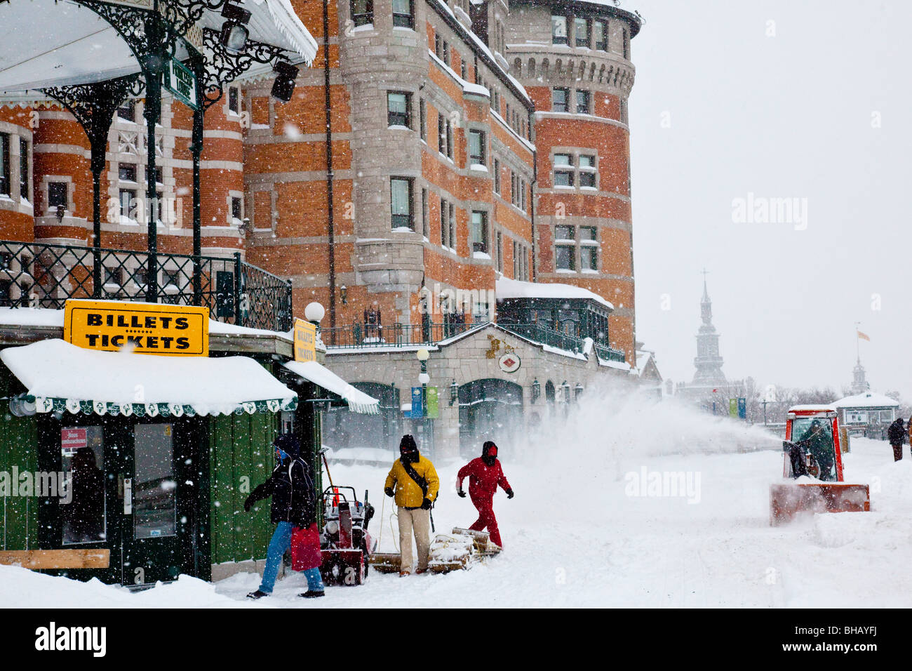 Schneefall am Chateau Frontenac in Old Quebec City Stockfoto
